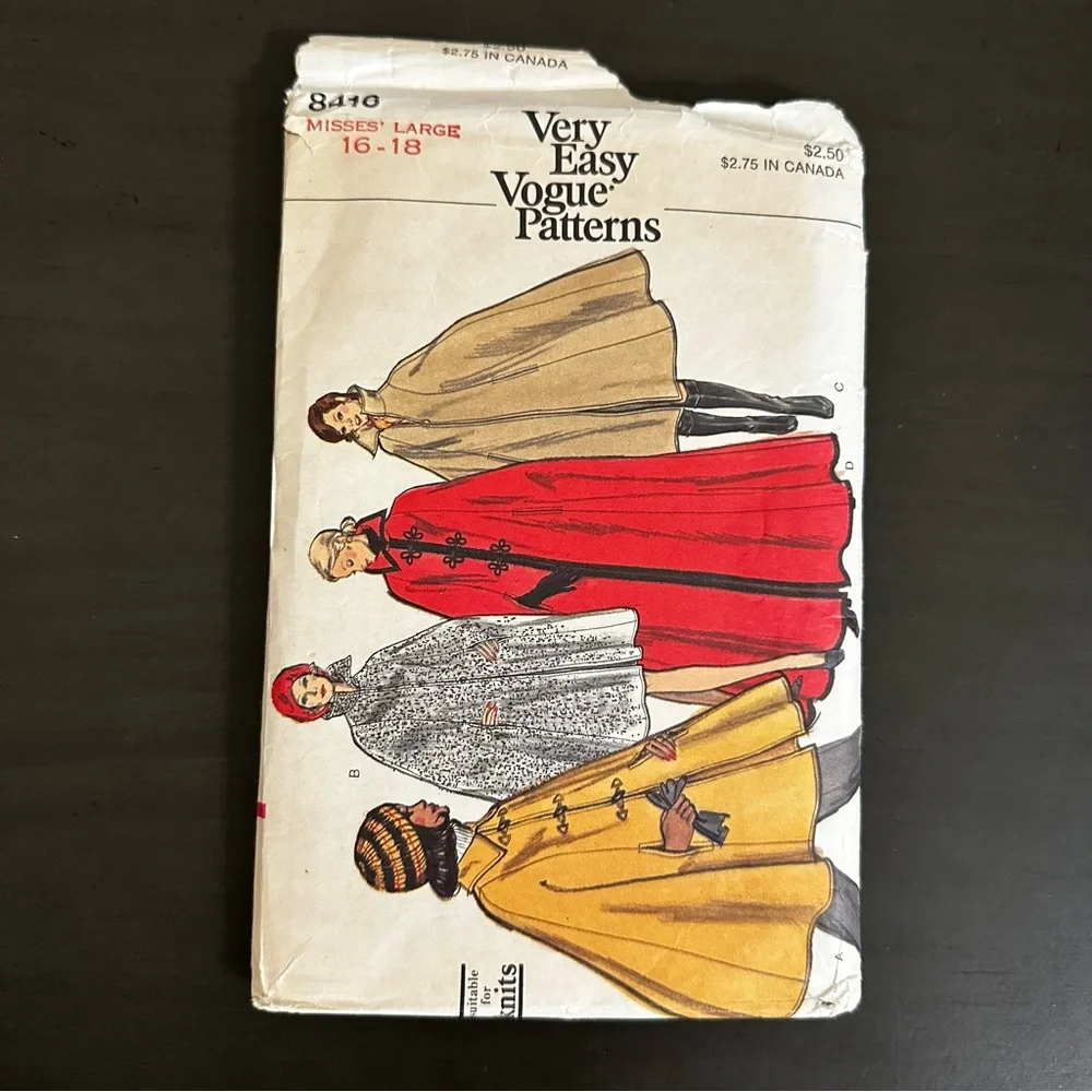 Vintage Sewing Pattern Vogue Patterns Poncho Cape Size 16-18 1960s 60s